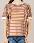 TENSIONE IN - 26M4893 - T-SHIRT RIGATA CON PROFILI A CONTRASTO TABACCO/VIOLA/PANNA/PANNA