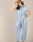 TENSIONE IN - 26P4950 - PANTALONE IN LINO CON PINCES CELESTE