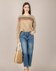 VICOLO - 4AB4023 - MAGLIA GARZATA CON BANDE BEIGE/VERDE/ROSSO