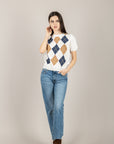 TENSIONE IN - D75630 - MAGLIA MANICA CORTA A ROMBI BURRO/BLU/CAMEL