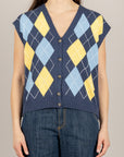 TENSIONE IN - D75629 - GILET ROMBI SCOLLO A V BLU/GIALLO/CELESTE