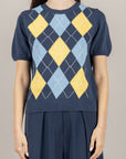 TENSIONE IN - D75630 - MAGLIA MANICA CORTA A ROMBI BLU/GIALLO/CELESTE