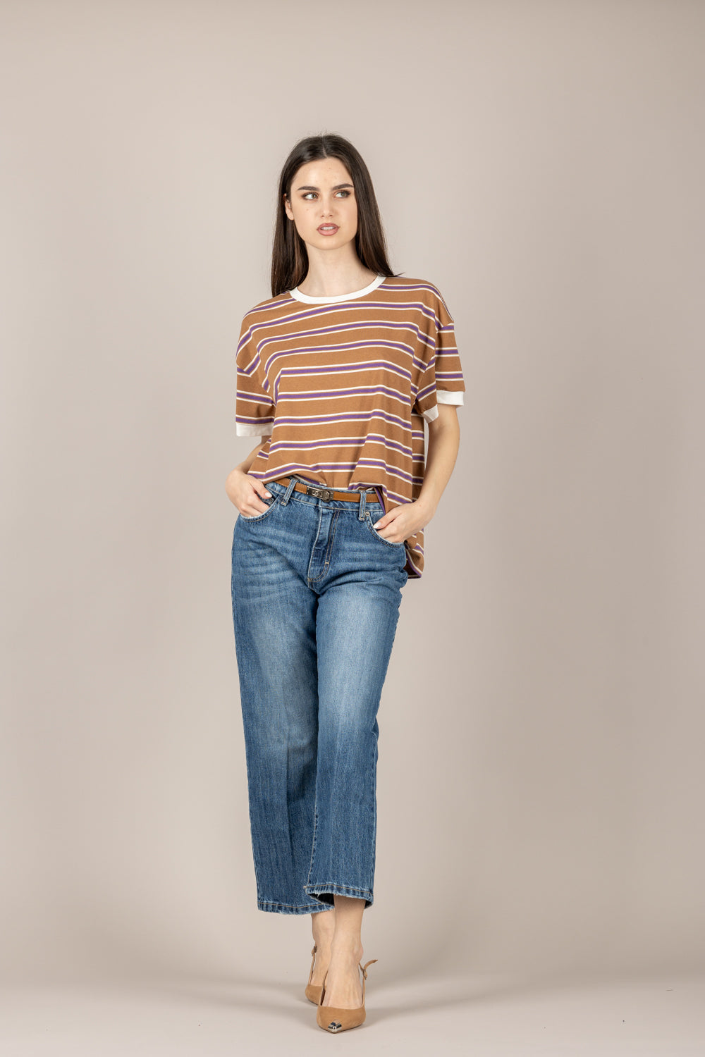 TENSIONE IN - 26M4893 - T-SHIRT RIGATA CON PROFILI A CONTRASTO TABACCO/VIOLA/PANNA/PANNA
