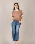 TENSIONE IN - 26M4893 - T-SHIRT RIGATA CON PROFILI A CONTRASTO TABACCO/VIOLA/PANNA/PANNA