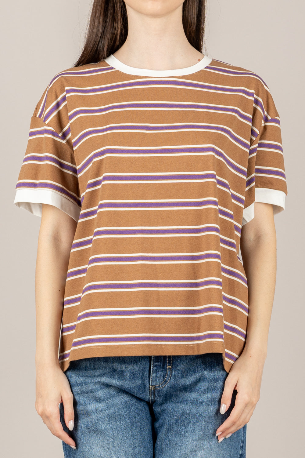 TENSIONE IN - 26M4893 - T-SHIRT RIGATA CON PROFILI A CONTRASTO TABACCO/VIOLA/PANNA/PANNA