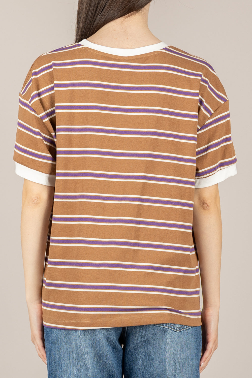 TENSIONE IN - 26M4893 - T-SHIRT RIGATA CON PROFILI A CONTRASTO TABACCO/VIOLA/PANNA/PANNA