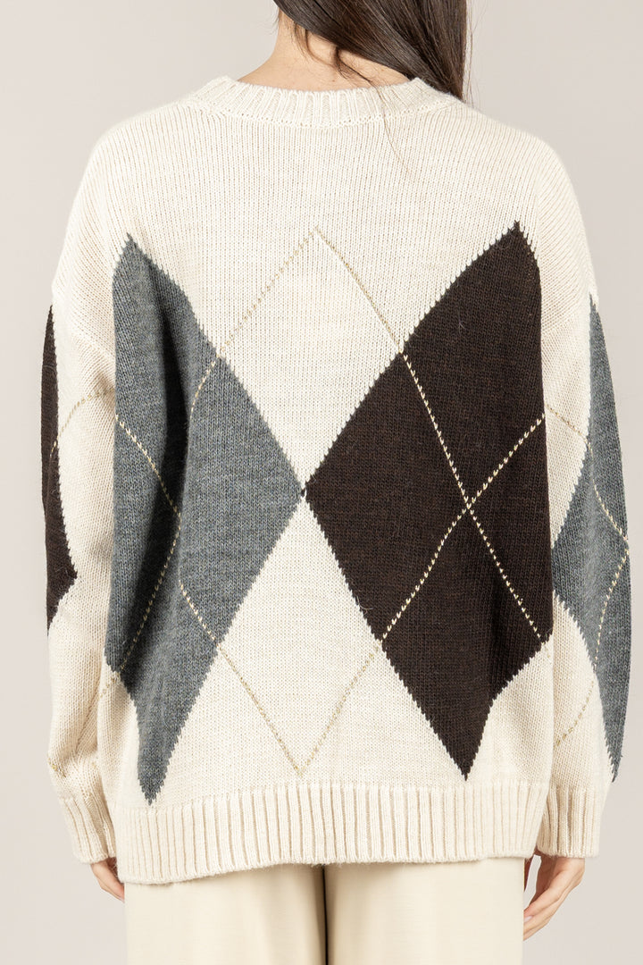 TENSIONE IN - D81292 - MAGLIA SCOLLO A BARCA A ROMBI