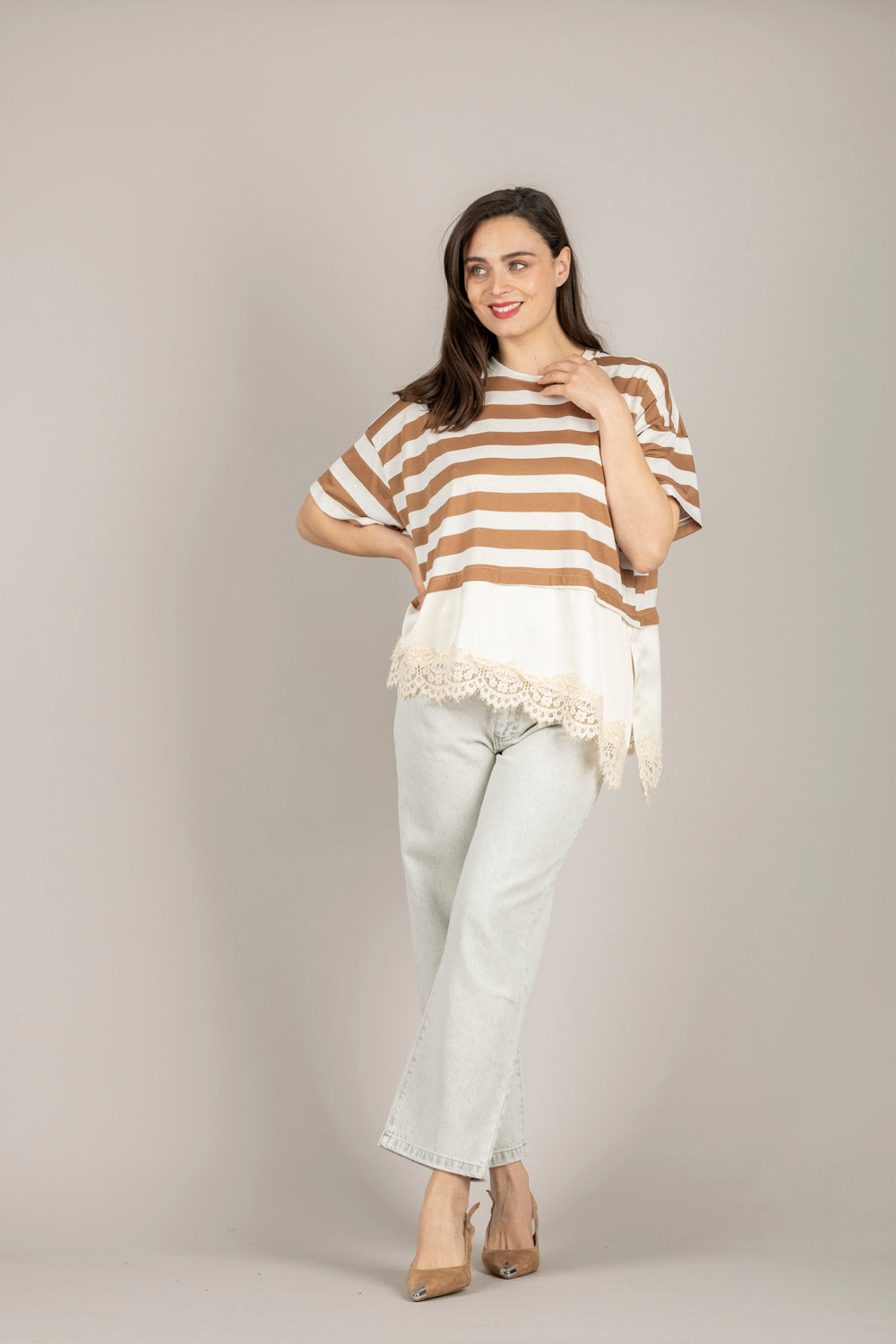 DIXIE - T262A096 - T-SHIRT A RIGHE CON INSERTO IN PIZZO CAMMELLO