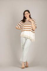 DIXIE - T262A096 - T-SHIRT A RIGHE CON INSERTO IN PIZZO CAMMELLO