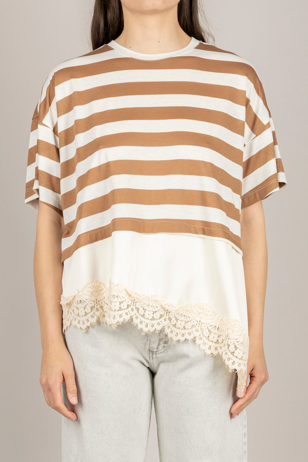 DIXIE - T262A096 - T-SHIRT A RIGHE CON INSERTO IN PIZZO CAMMELLO