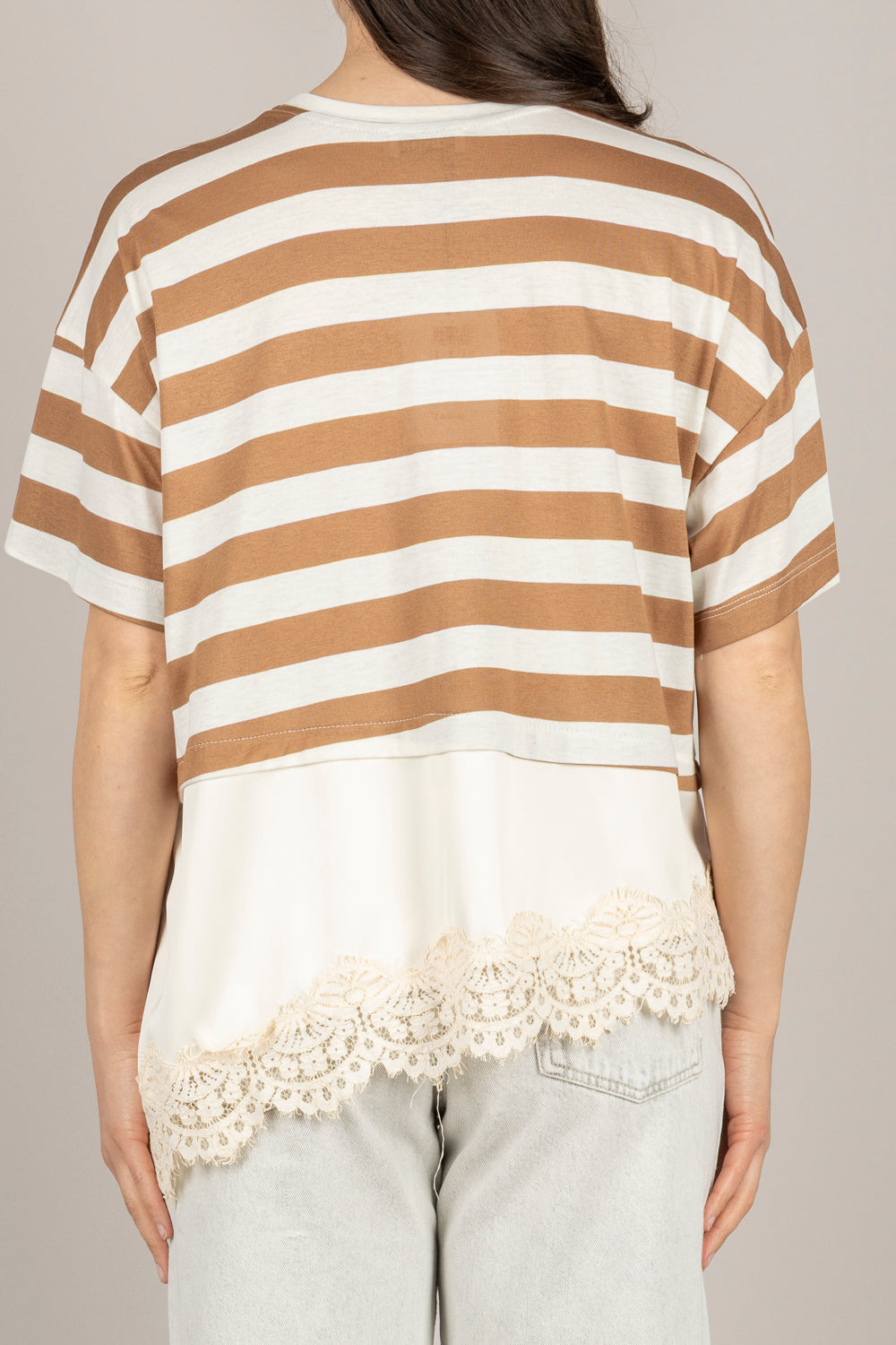 DIXIE - T262A096 - T-SHIRT A RIGHE CON INSERTO IN PIZZO CAMMELLO