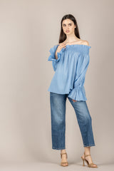 VICOLO - TAB2174 - BLUSA SCOLLO SHIFFER AZZURRO