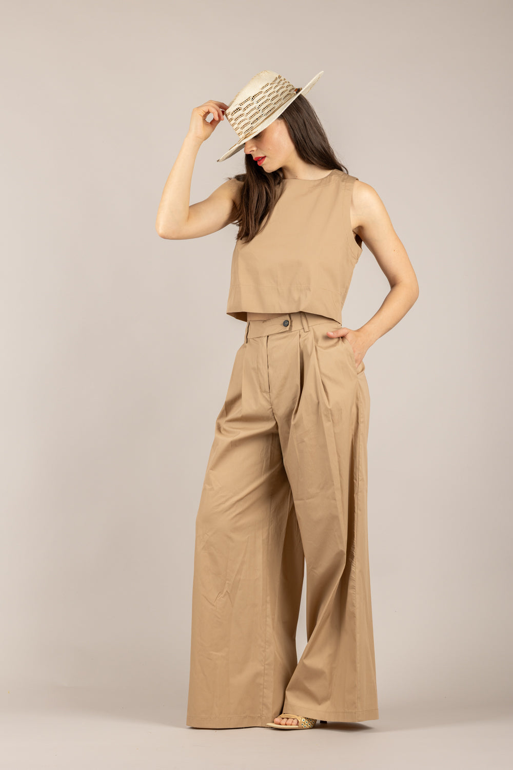 TENSIONE IN - 26P4835 - PANTALONE PALAZZO IN COTONE COGNAC