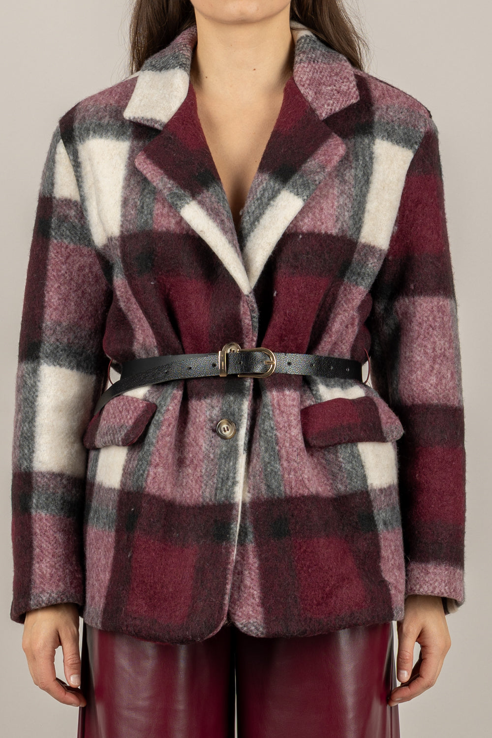 VICOLO - TF1906 - GIACCA CAPPOTTO QUADRI CON CINTA