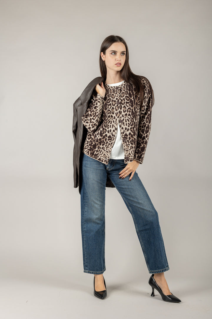 STORY - CARDIGAN GIROCOLLO ANIMALIER