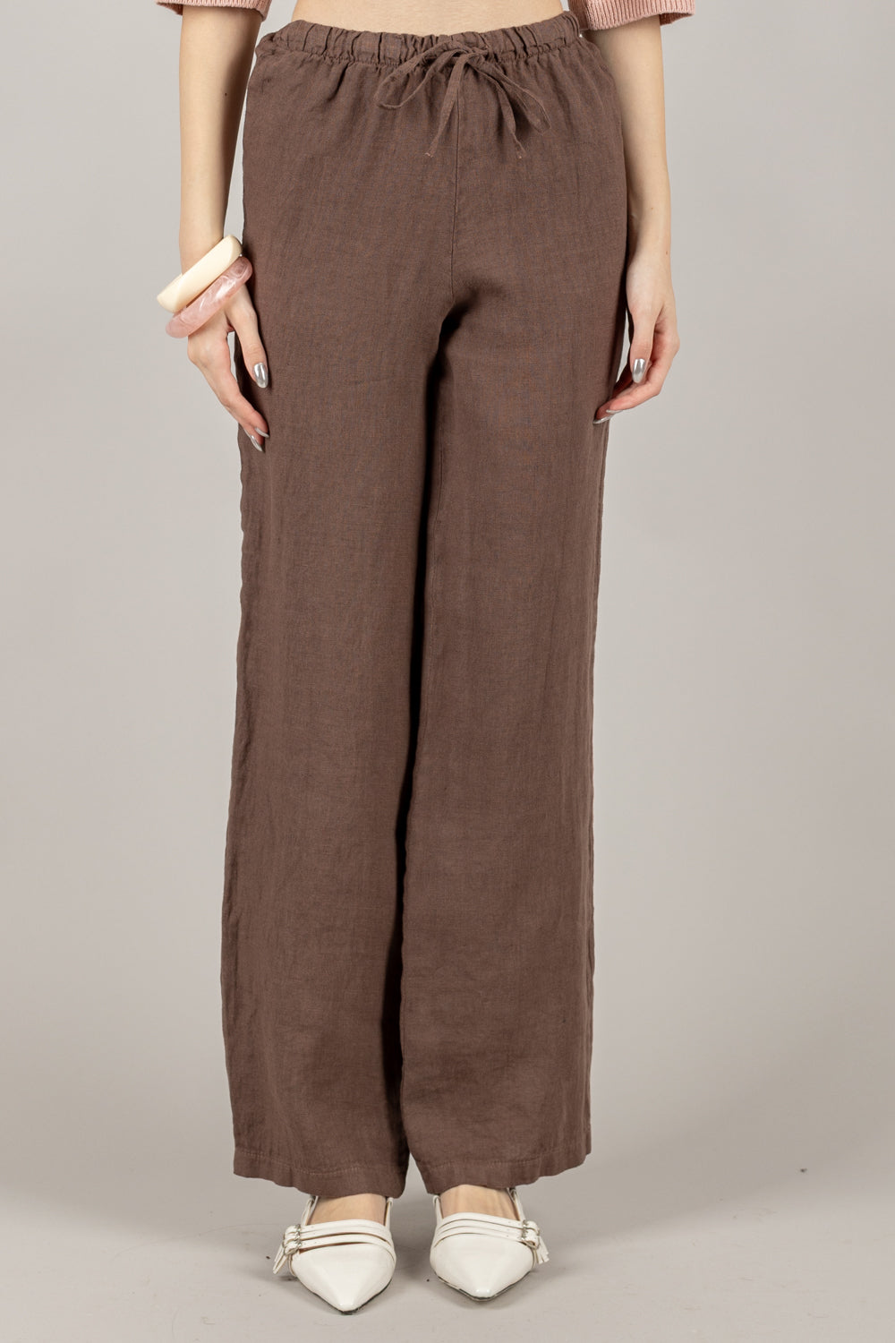 VICOLO - TD2289 - PANTALONE PALAZZO IN LINO  CON COULISSE
