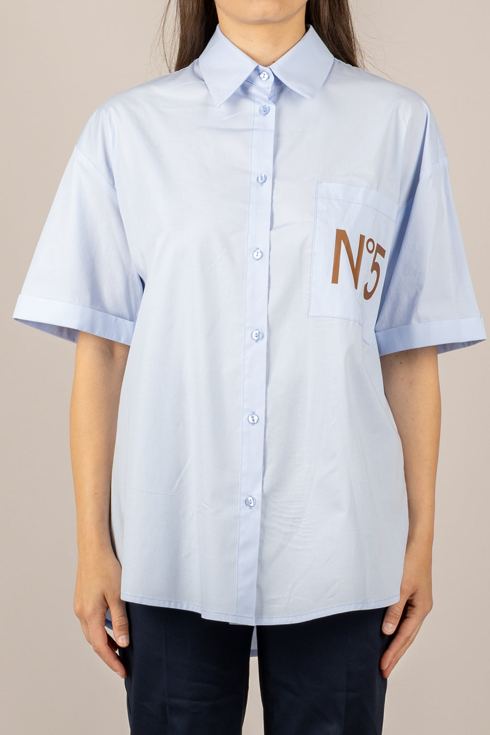TENSIONE IN - 26C5004 - CAMICIA OVER MANICHE CORTE N°5 CELESTE/CUOIO