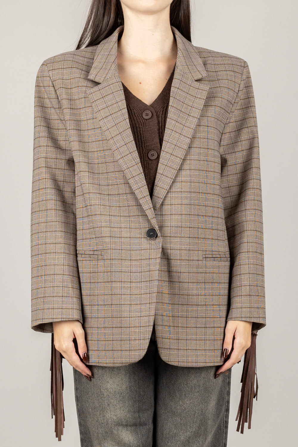 VICOLO - TF1184 - GIACCA CHECK CON FRANGE