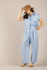 TENSIONE IN - 26P4950 - PANTALONE IN LINO CON PINCES CELESTE