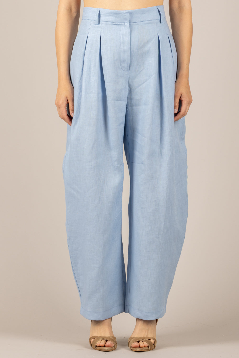 TENSIONE IN - 26P4950 - PANTALONE IN LINO CON PINCES CELESTE
