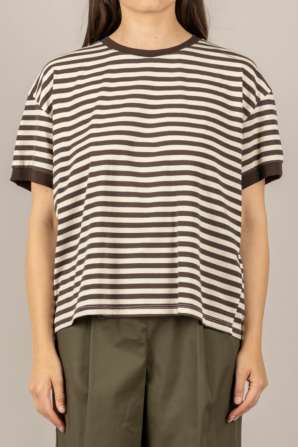 TENSIONE IN - 26M4893 - T-SHIRT RIGATA CON PROFILI A CONTRASTO PANNA/MORO/MORO