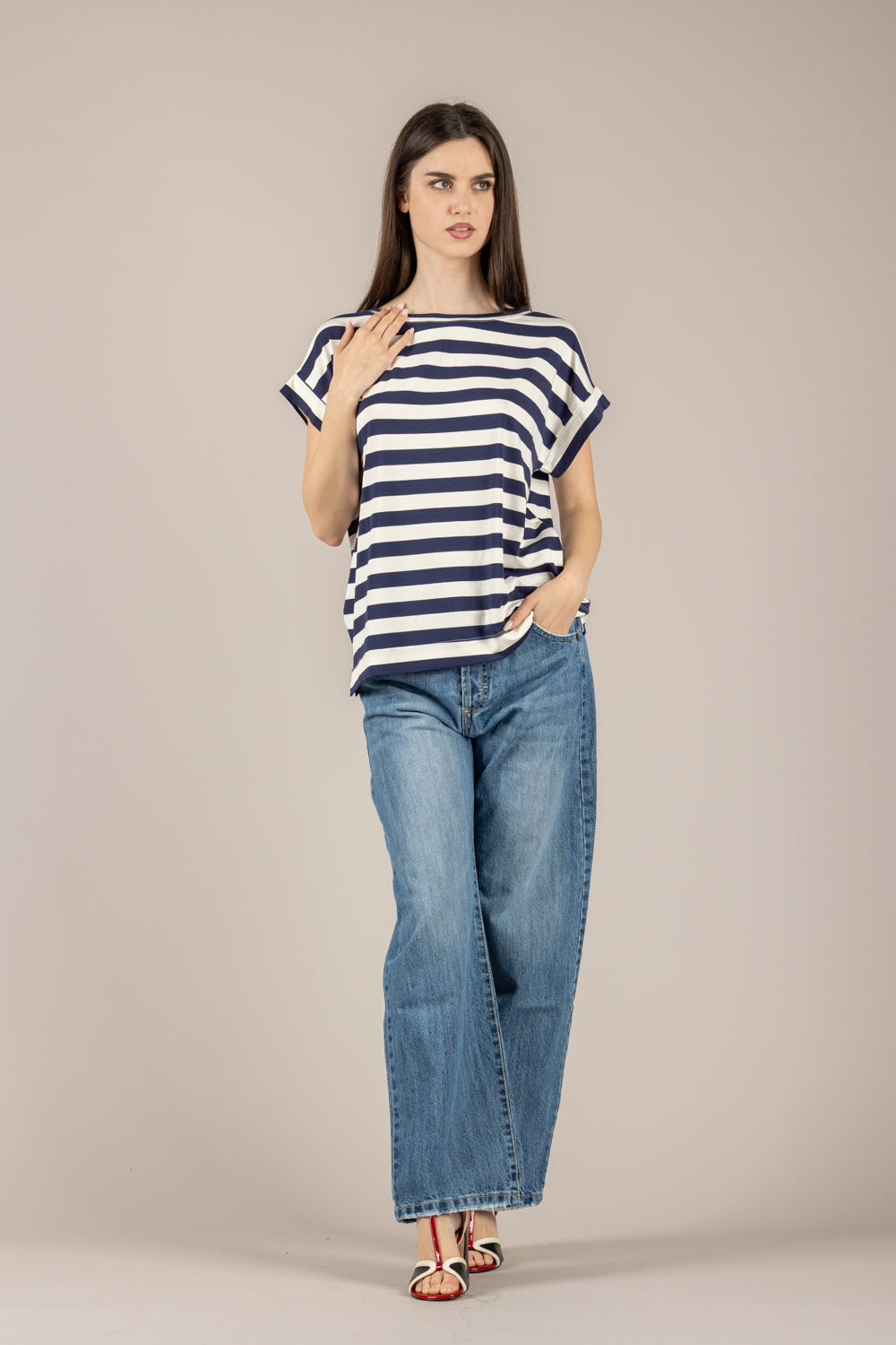 VICOLO - UAB0349 - T-SHIRT A RIGHE NATURLE/BLU