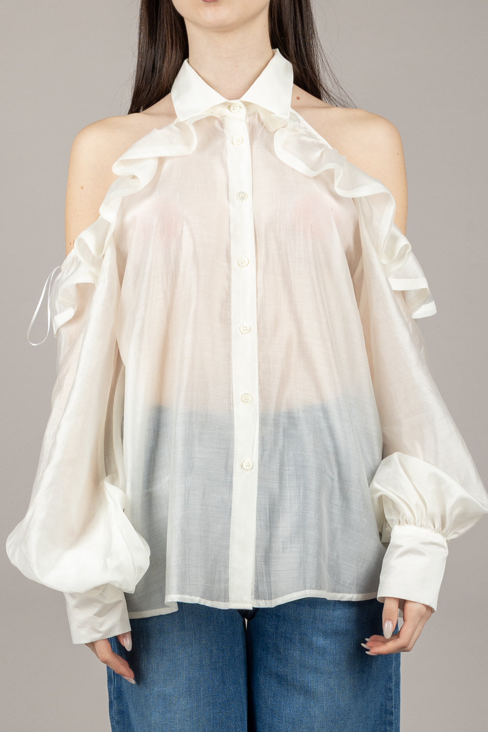 VICOLO - TD1546 - CAMICIA CUT OUT SPALLE CON ROUCHES