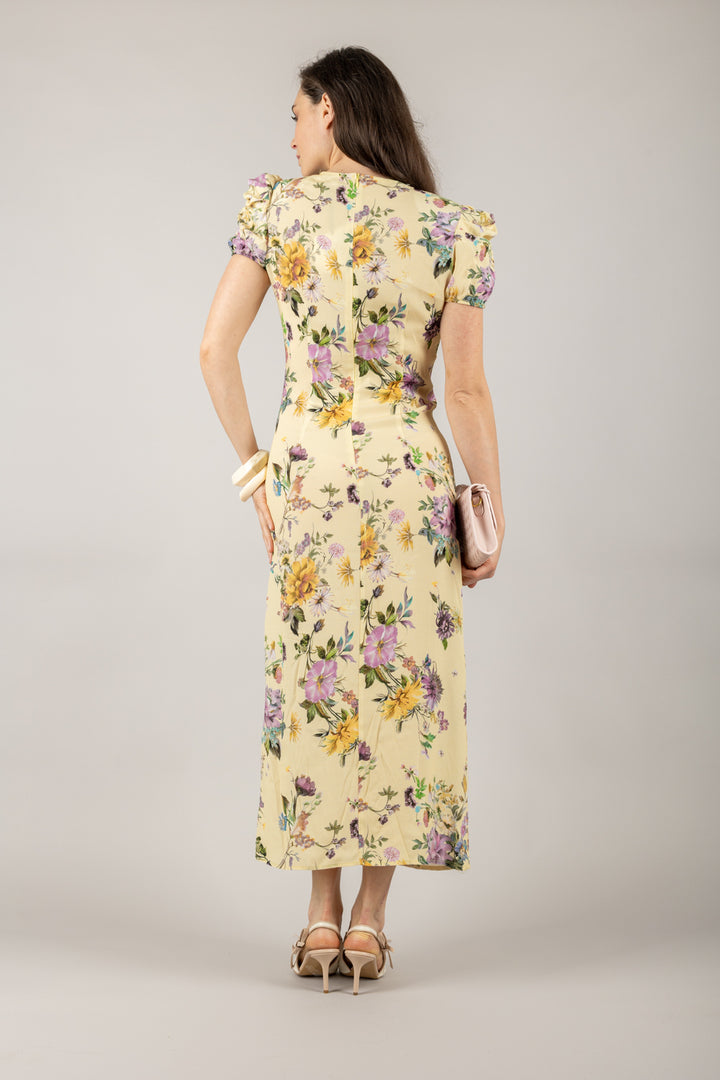 VICOLO - TD2104 - ABITO FIORI CON DRAPPEGGIO E MANICA A SBUFFO
