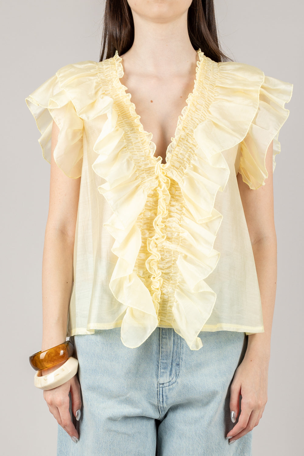 VICOLO - TD0893 - BLUSA CON ROUCHES ELASTICATA