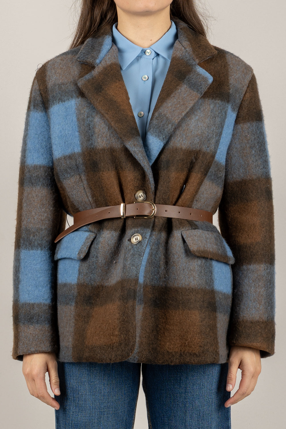 VICOLO - TF1906 - GIACCA CAPPOTTO QUADRI CON CINTA