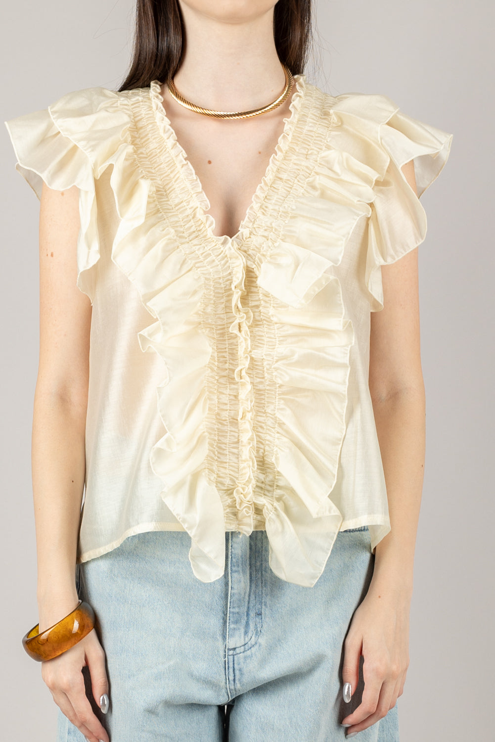 VICOLO - TD0893 - BLUSA CON ROUCHES ELASTICATA