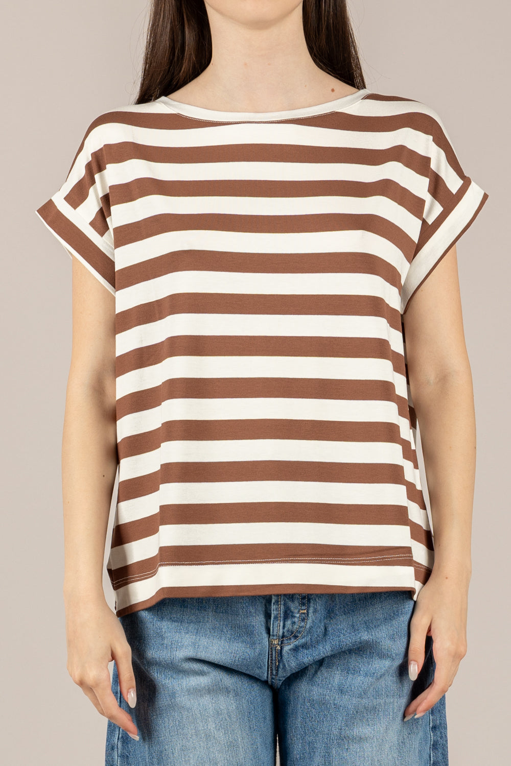 VICOLO - UAB0349 - T-SHIRT A RIGHE NATURLE/TABACCO