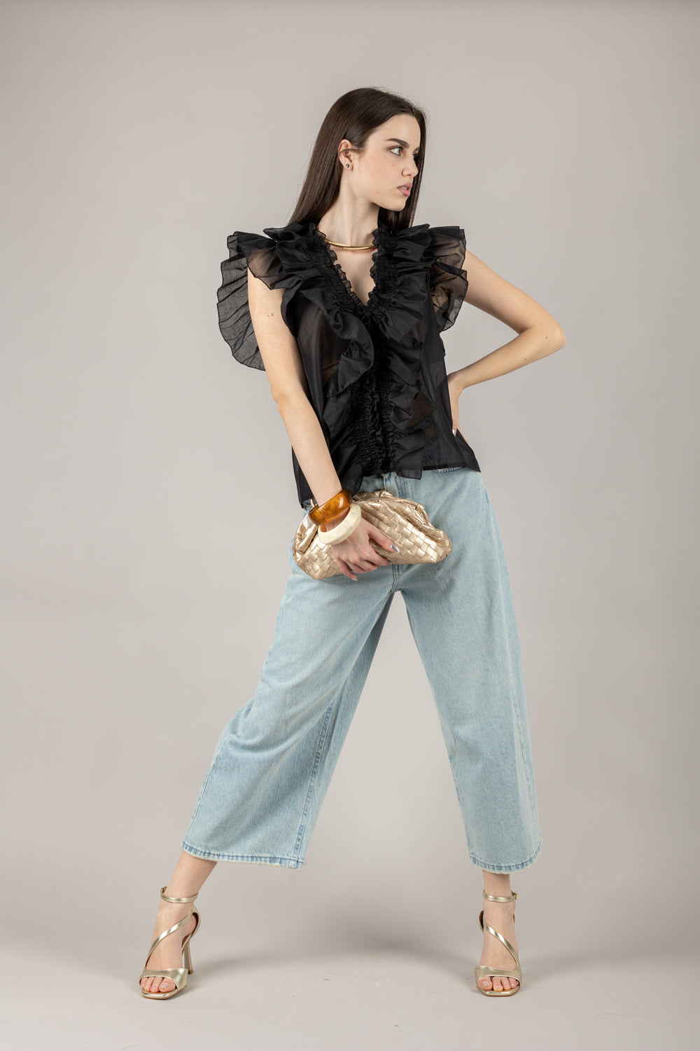 VICOLO - TD0893 - BLUSA CON ROUCHES ELASTICATA
