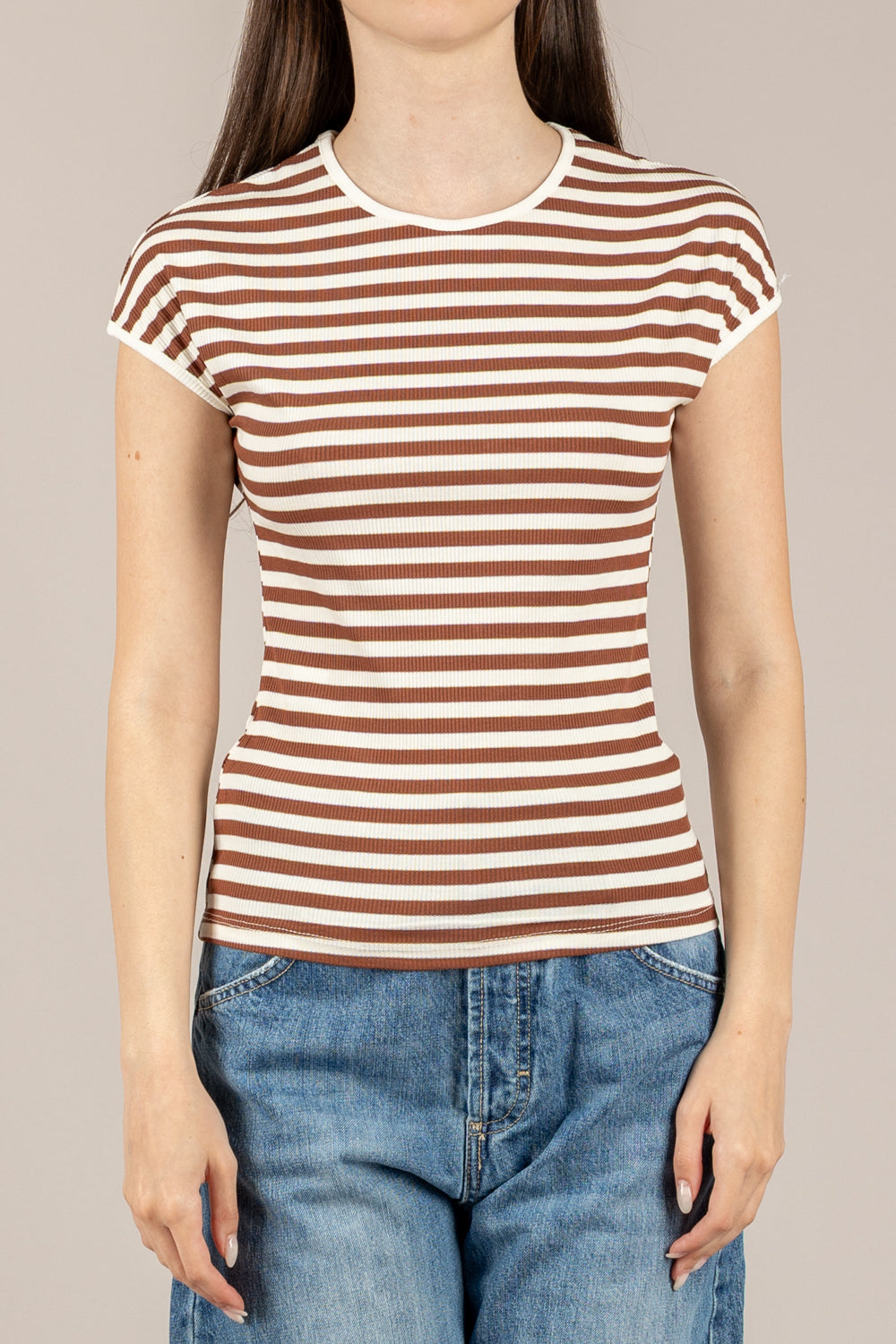HAVEONE - RJS-Q224 - TOP RIGATO A COSTINE PANNA/TABACCO
