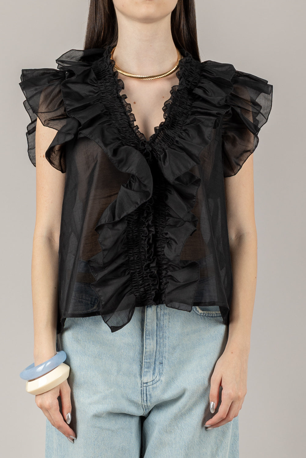 VICOLO - TD0893 - BLUSA CON ROUCHES ELASTICATA