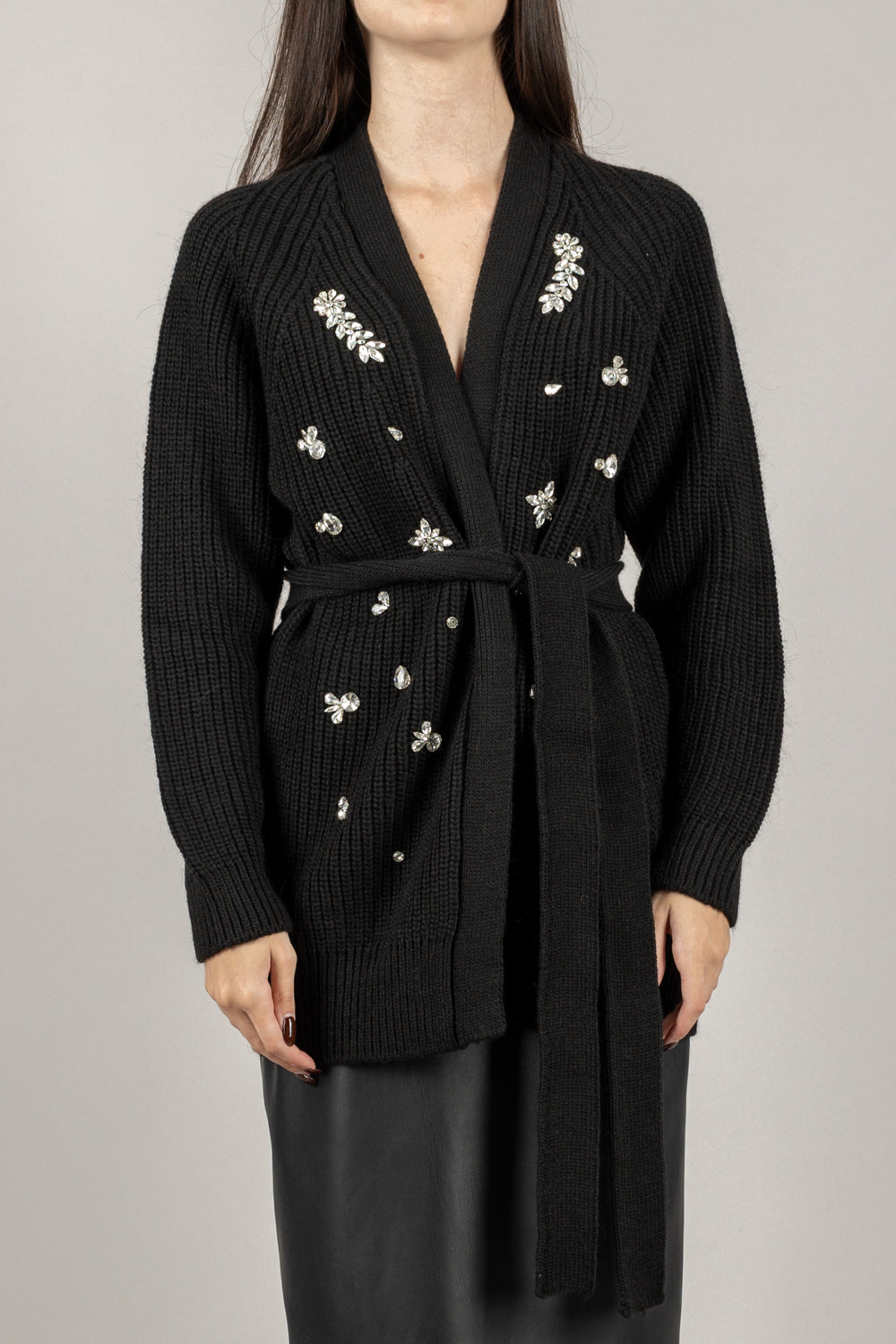 VICOLO - 55118F - CARDIGAN CON APPLICAZIONI GIOIELLO E CINTA