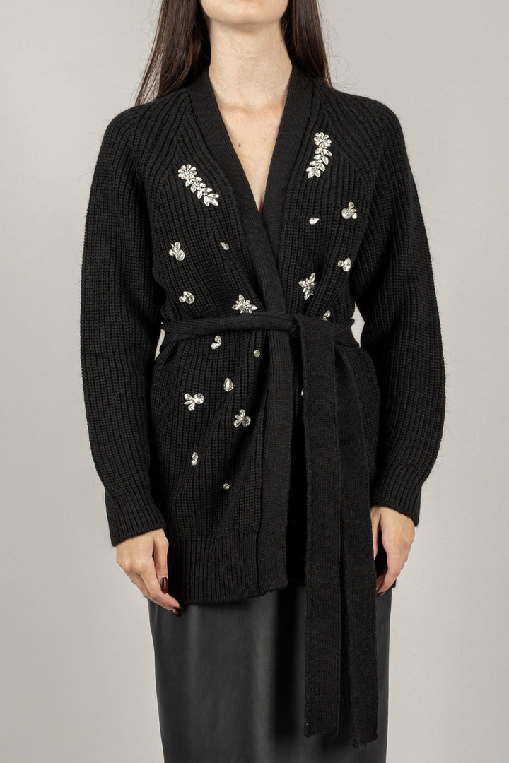 VICOLO - 55118F - CARDIGAN CON APPLICAZIONI GIOIELLO E CINTA