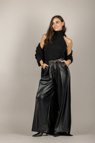 TENSIONE IN - CQ1013 - PANTALONE ECOPELLE A PALAZZO CON CINTA