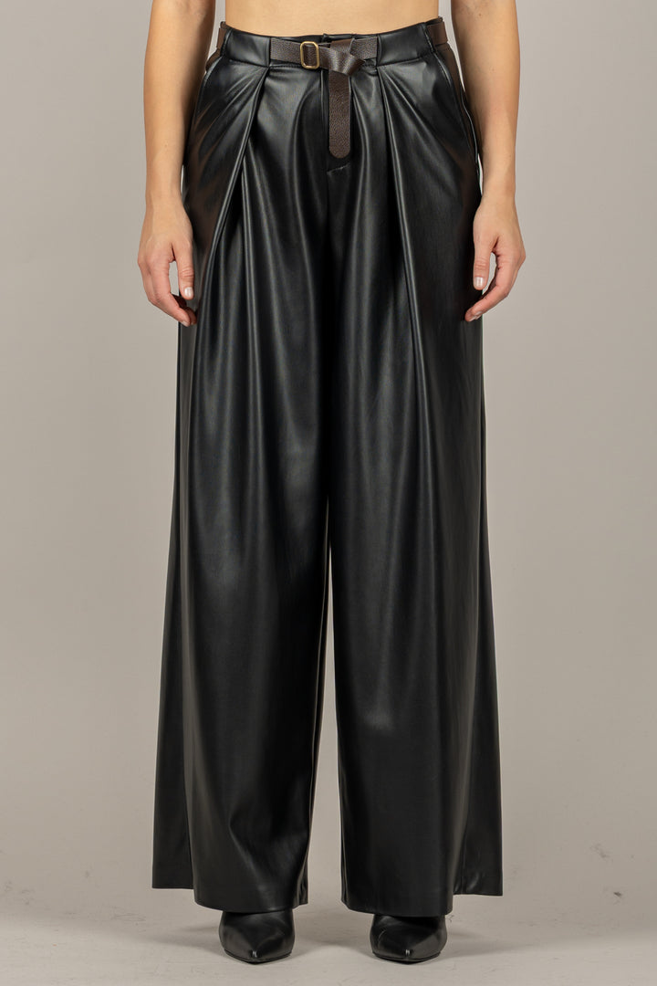 TENSIONE IN - CQ1013 - PANTALONE ECOPELLE A PALAZZO CON CINTA