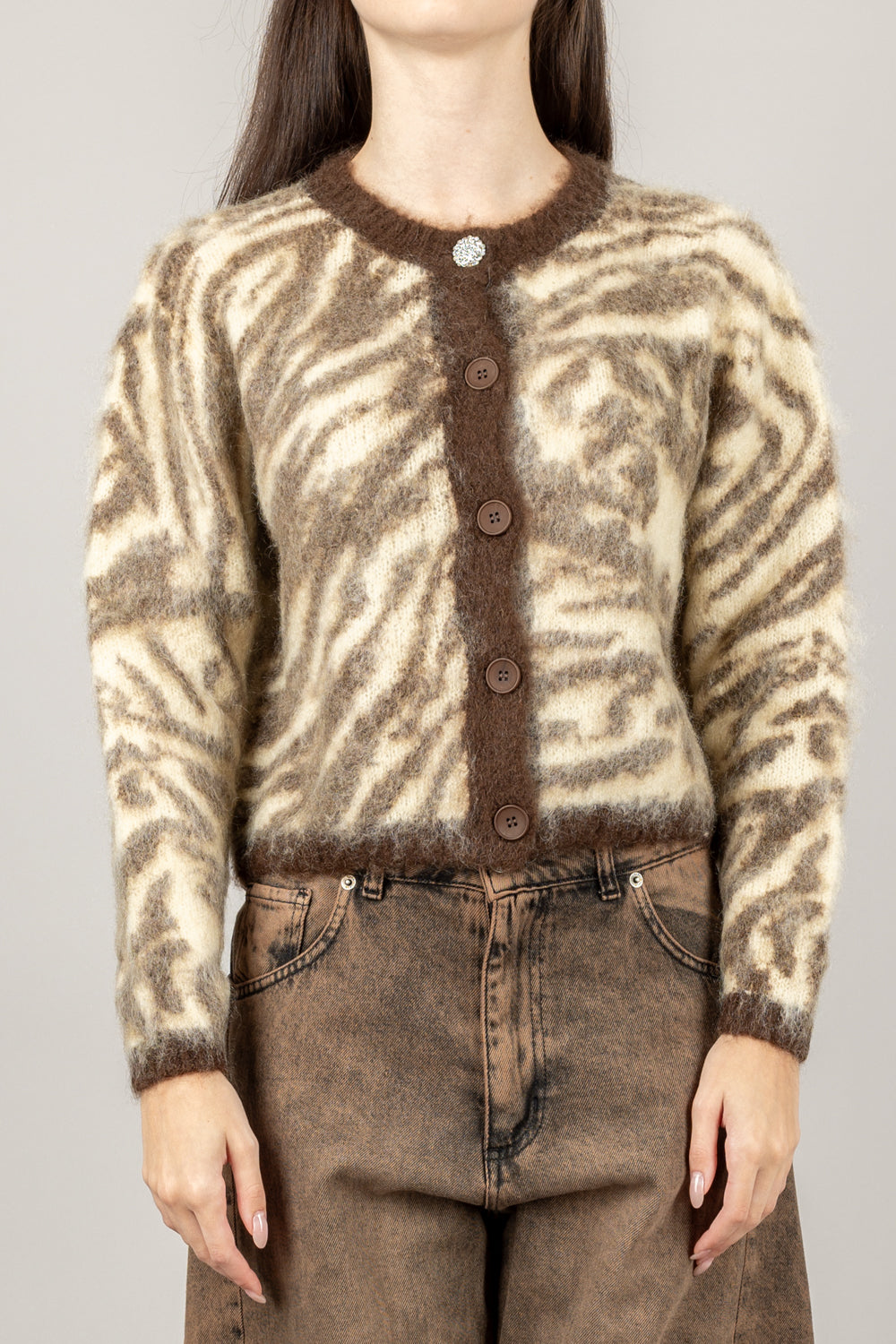 VICOLO - 55036F - CARDIGAN ZEBRATO BOTTONE GIOIELLO