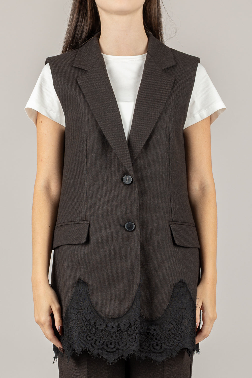 VICOLO - TF1575 - GILET SMANICATO CON PROFILO IN PIZZO