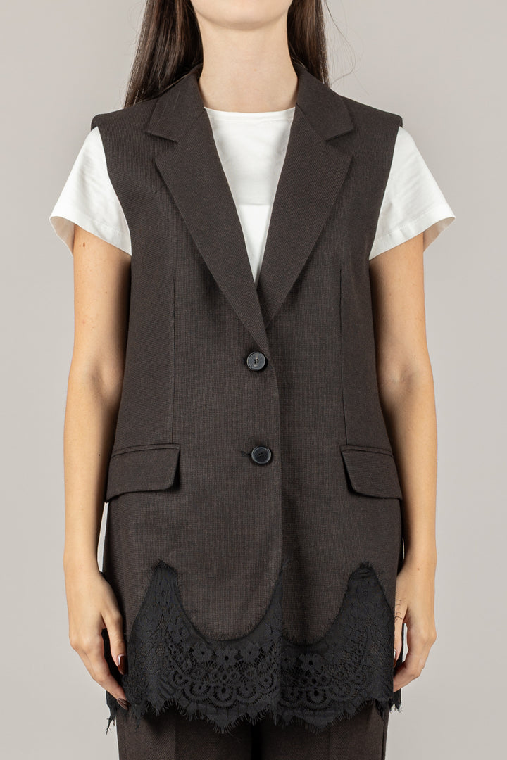 VICOLO - TF1575 - GILET SMANICATO CON PROFILO IN PIZZO