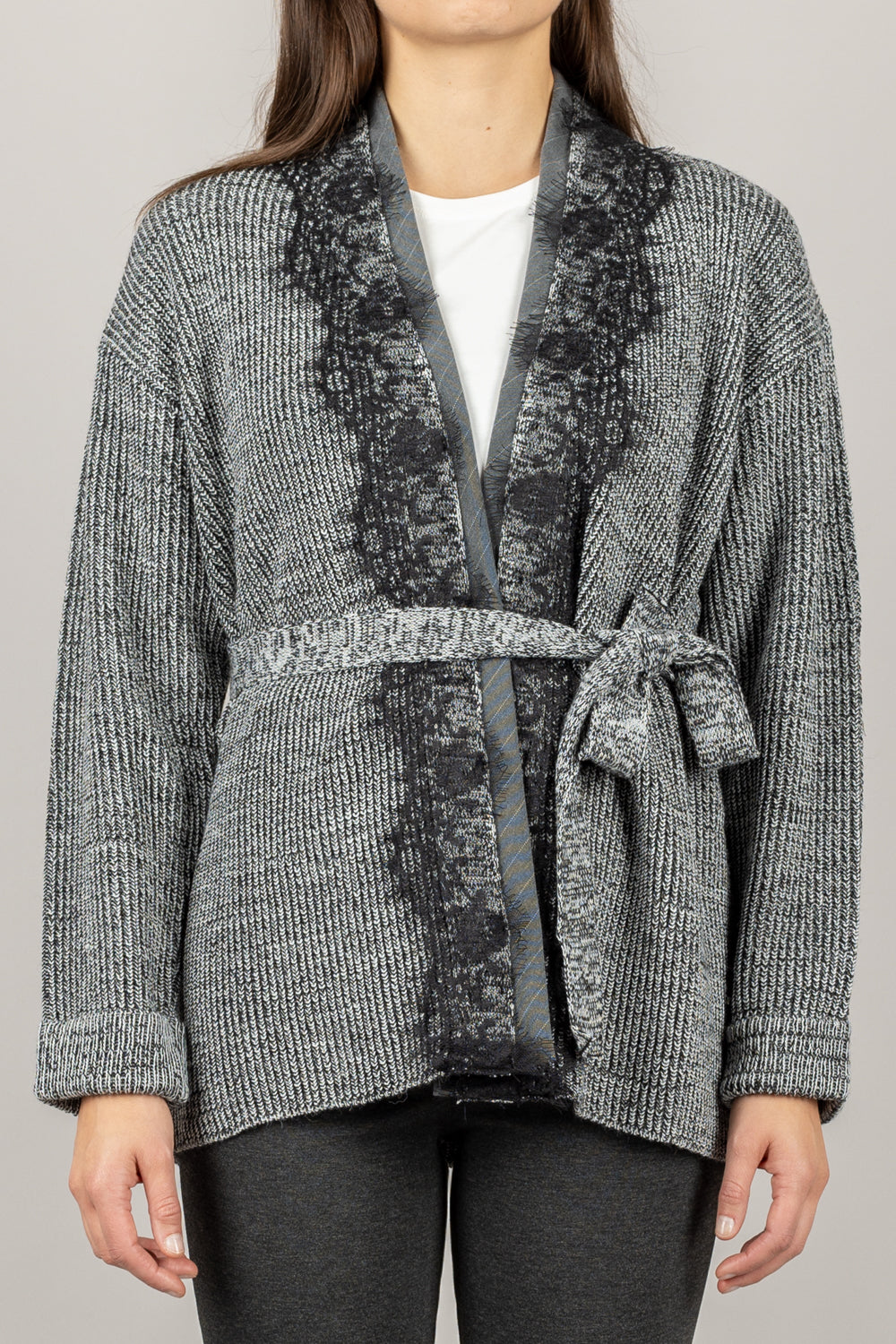 VICOLO - 77302F - CARDIGAN DETTAGLIO IN PIZZO CON CINTA