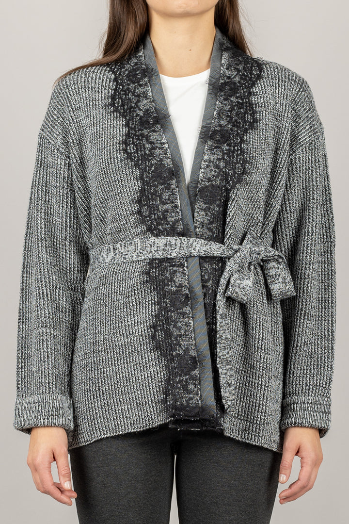 VICOLO - 77302F - CARDIGAN DETTAGLIO IN PIZZO CON CINTA