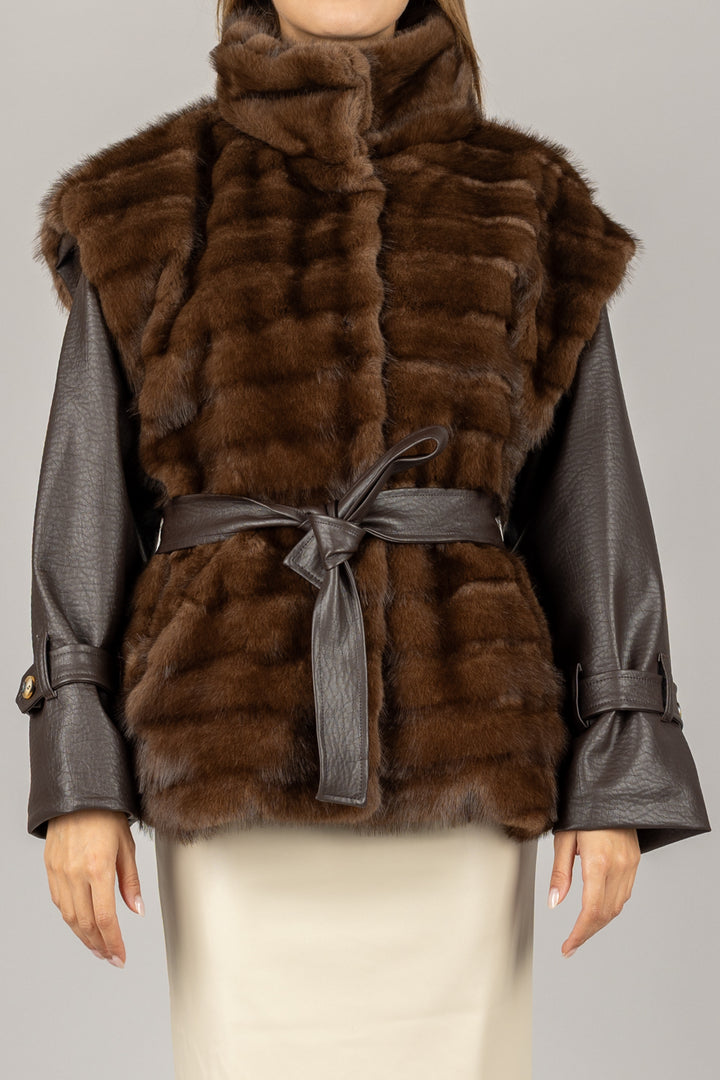 TENSIONE IN - GG840 - GIACCA GILET ECOPELLICCIA CON CINTA