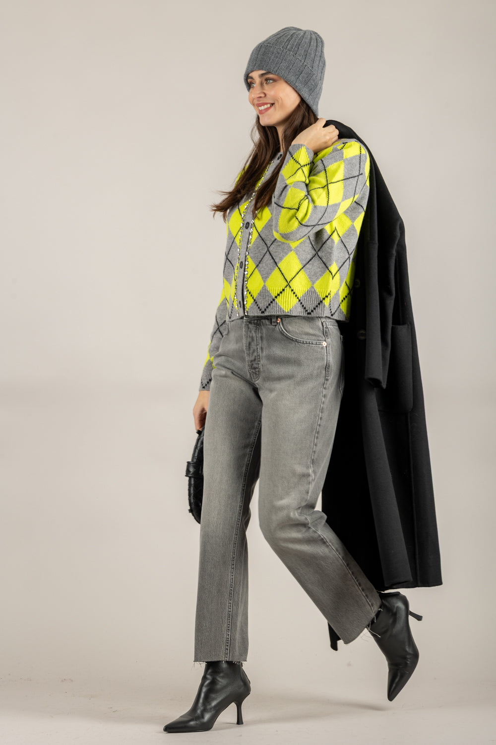 VICOLO - 77058F - CARDIGAN ROMBI CON DETTAGLIO GIOIELLO