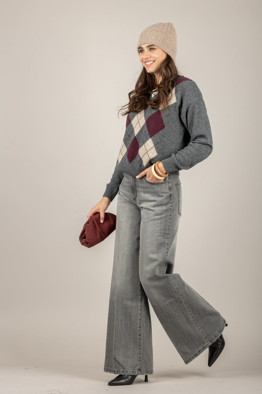 TENSIONE IN - D82036 - MAGLIA A ROMBI SCOLLO A V