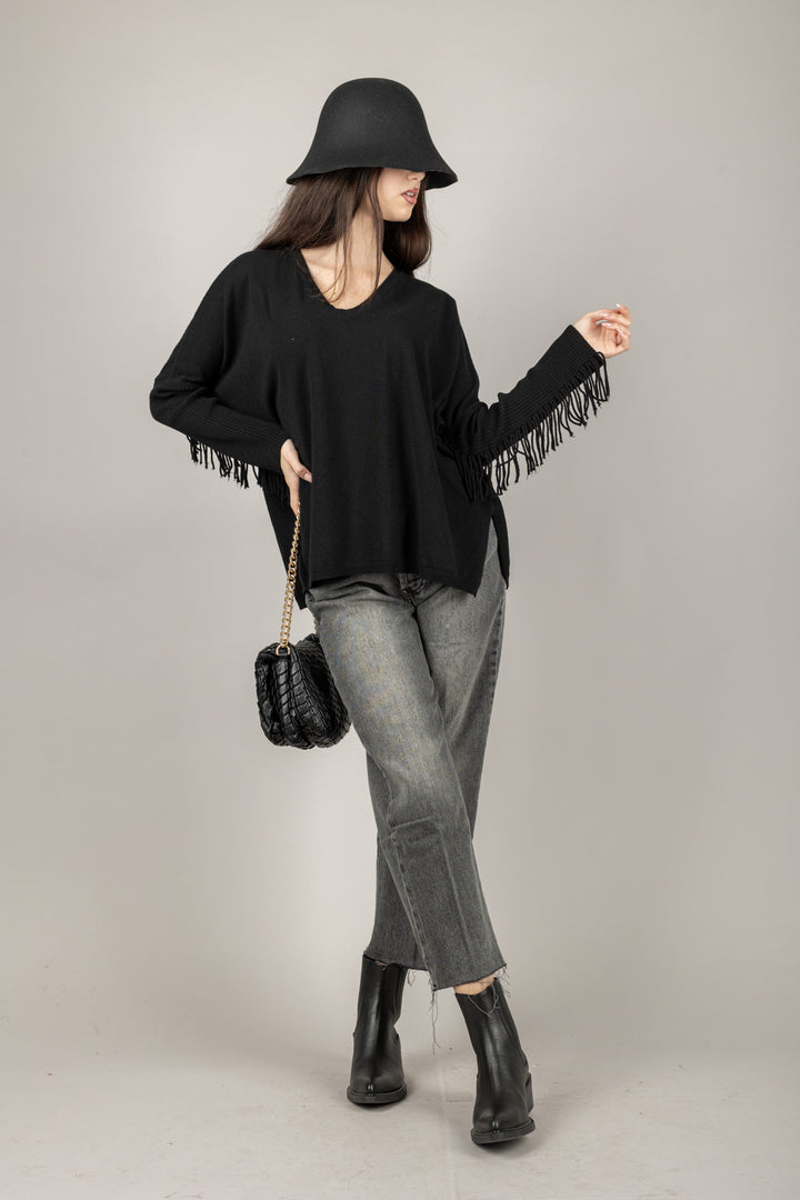 KONTATTO - 3M1074NI - MAGLIA SCOLLO A V CON FRANGE