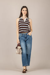 VICOLO - 2AB2109 - MAGLIA POLO A RIGHE CON SCOLLO AMERICANA MORO/BIANCO