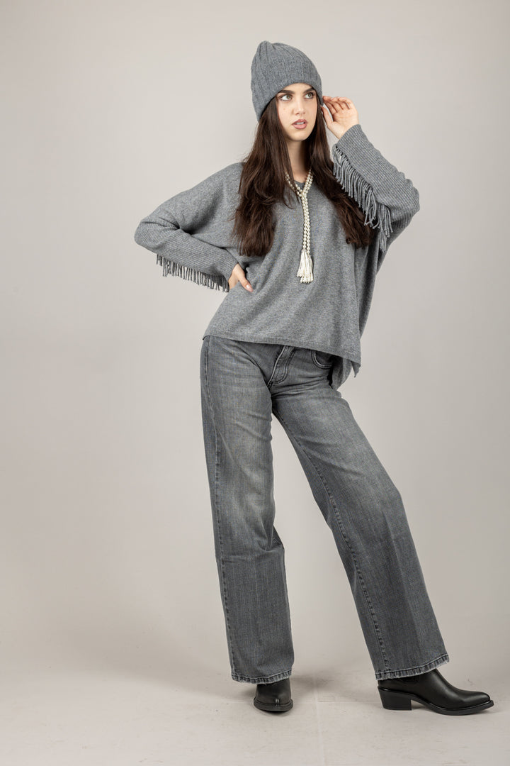 KONTATTO - 3M1074NI - MAGLIA SCOLLO A V CON FRANGE